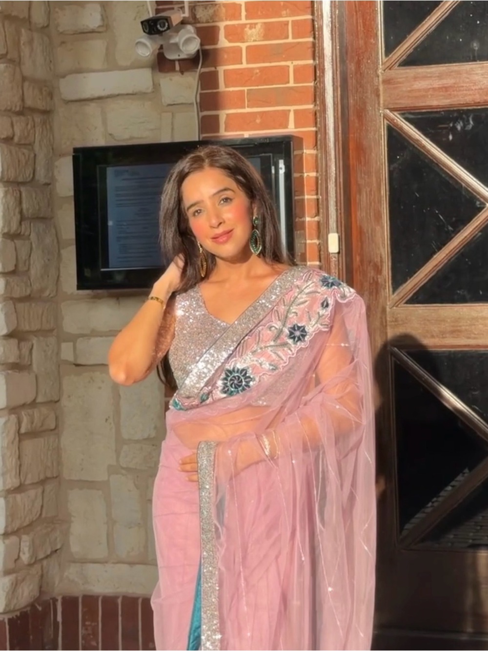 Embellished Pink Sequin Saree with Floral Border